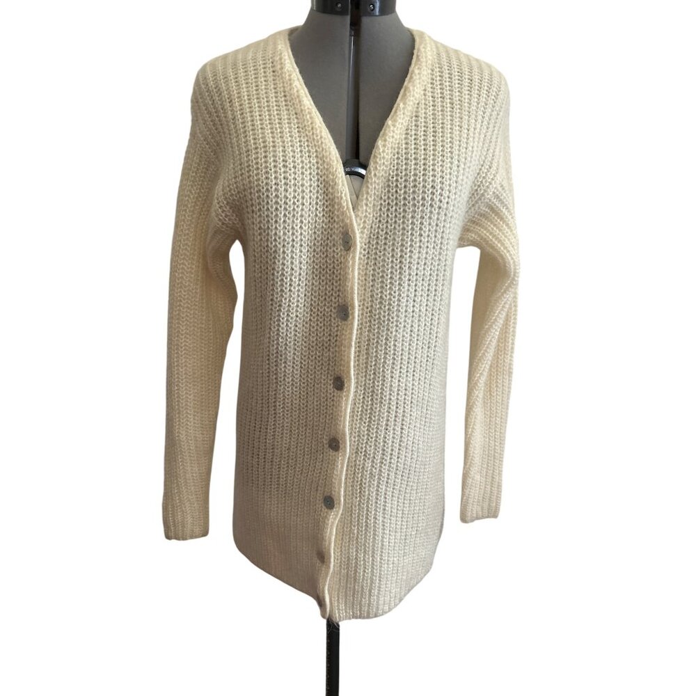 Moda Intl Ivory Mohair & Acrylic V Neck Button Down Cardigan Sweater XS